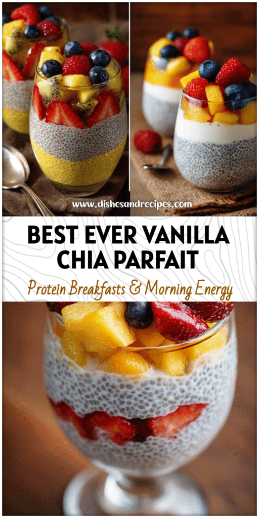 Glass parfait layered with vanilla Smooth Chia Pudding, yogurt, and fruit as a Sugar Free Chia Pudding dessert.